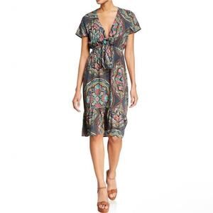 Johnny Was Spezia Tie-Front Flutter Sleeve Breezy Boho Mandala Midi Dress - XS